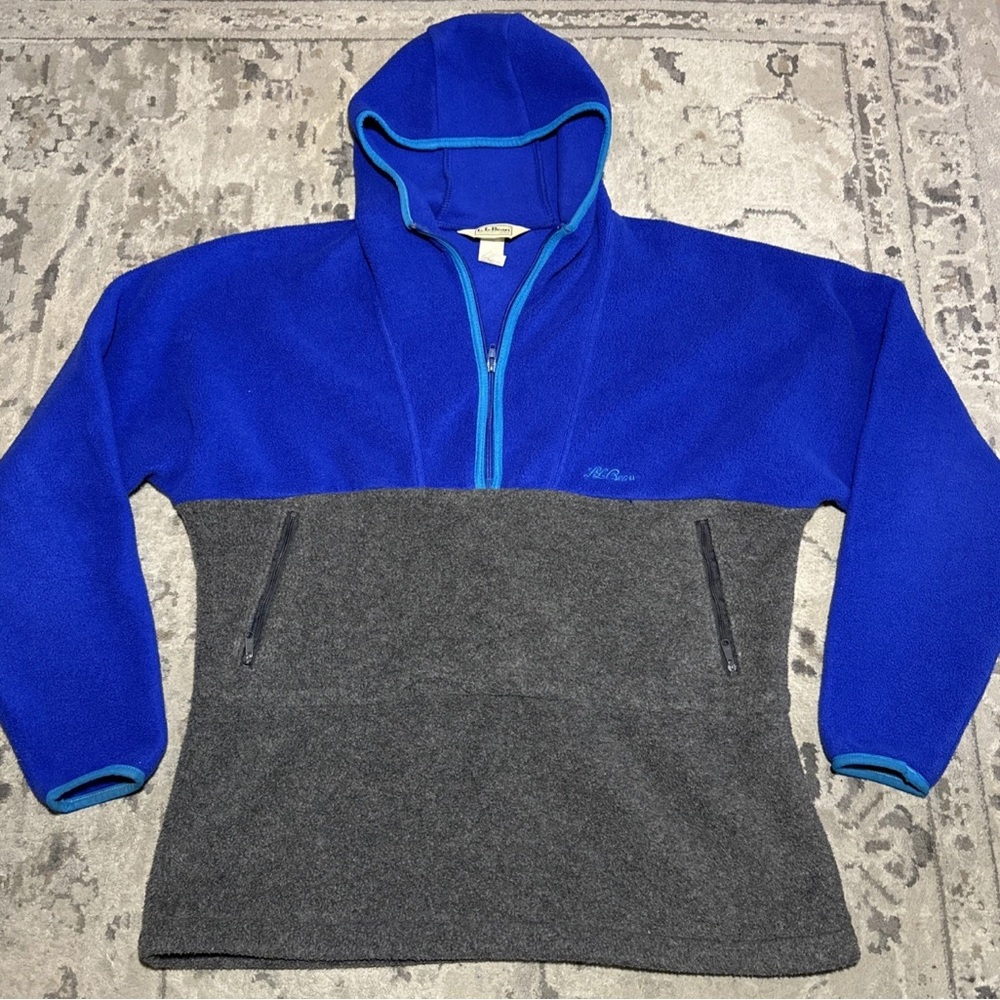 Vintage LL Bean Fleece 1/2 Zip Hoodie Blue Gray Womens Medium  Made In USA